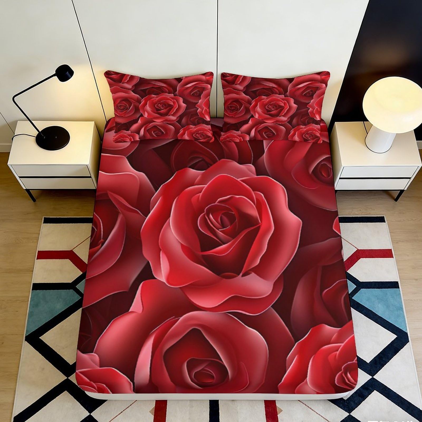 3D Printed Red Rose Fitted Sheet Microfiber Romantic Floral Bed Sheet Bedroom Guestroom Mattress Cover Decor 90x200x25cm