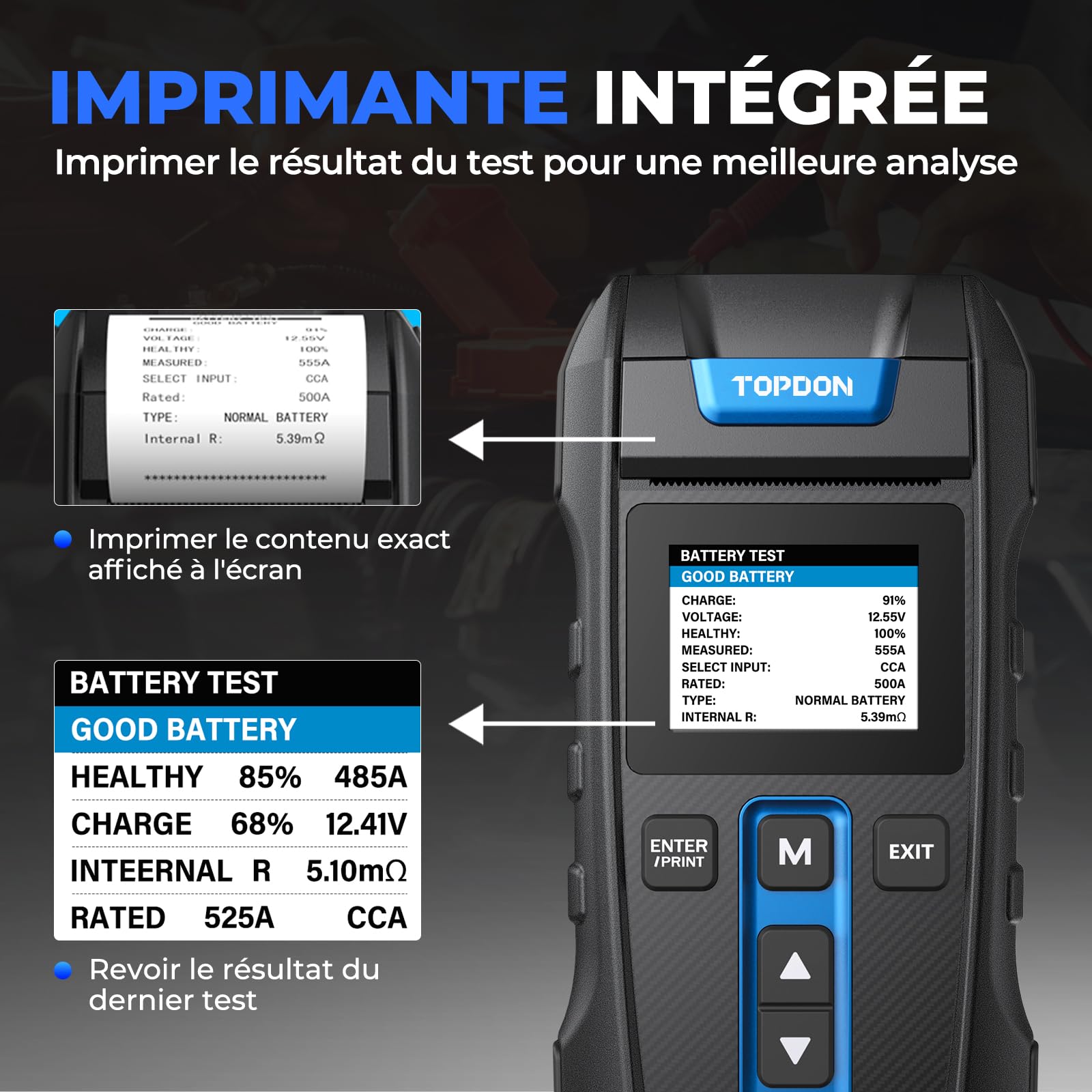 Testeur Batterie Voiture, TOPDON BT300P 12V 24V Testeur de Batterie et Alternateur Professionnel Analyseur de Batterie de Démarrage avec Imprimante Intégrée pour Auto Voiture Camion Moto