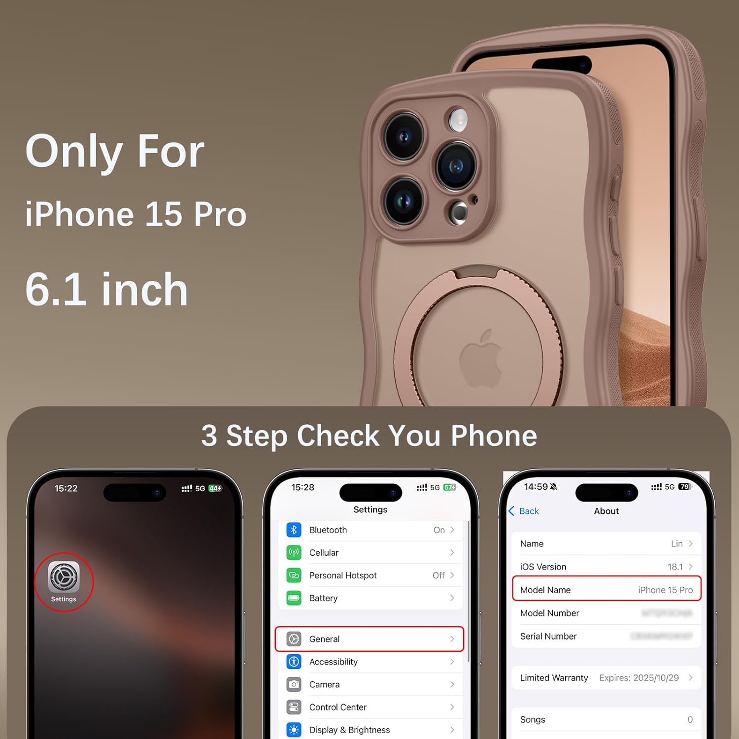 GaoBao for iPhone 15 Pro Case with Invisible Kickstand [Curly Wave Edge] [Compatible with MagSafe] [Military Grade Protective] Cover Accessories Phone Case for iPhone 15 Pro 6.1", Desert Titanium - Image 2