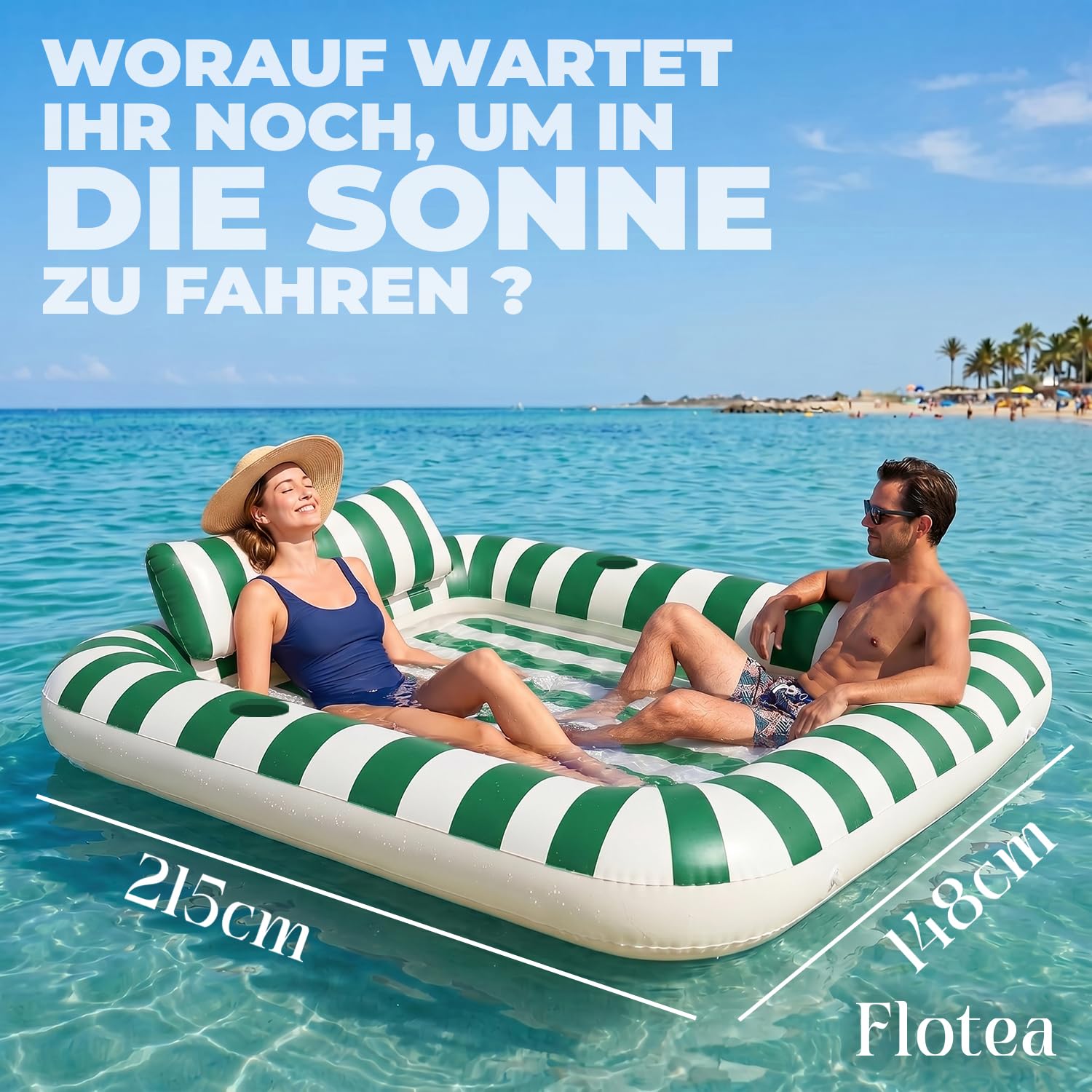 Flotea® Aufblasbare XXL Pool-Luftmatratze für Erwachsene 2 Personen | Schwimmmatratze mit Kissen und Getränkehaltern | PVC 215 x 148 cm | Pool, Strand, Meer & Urlaub | Original Corner