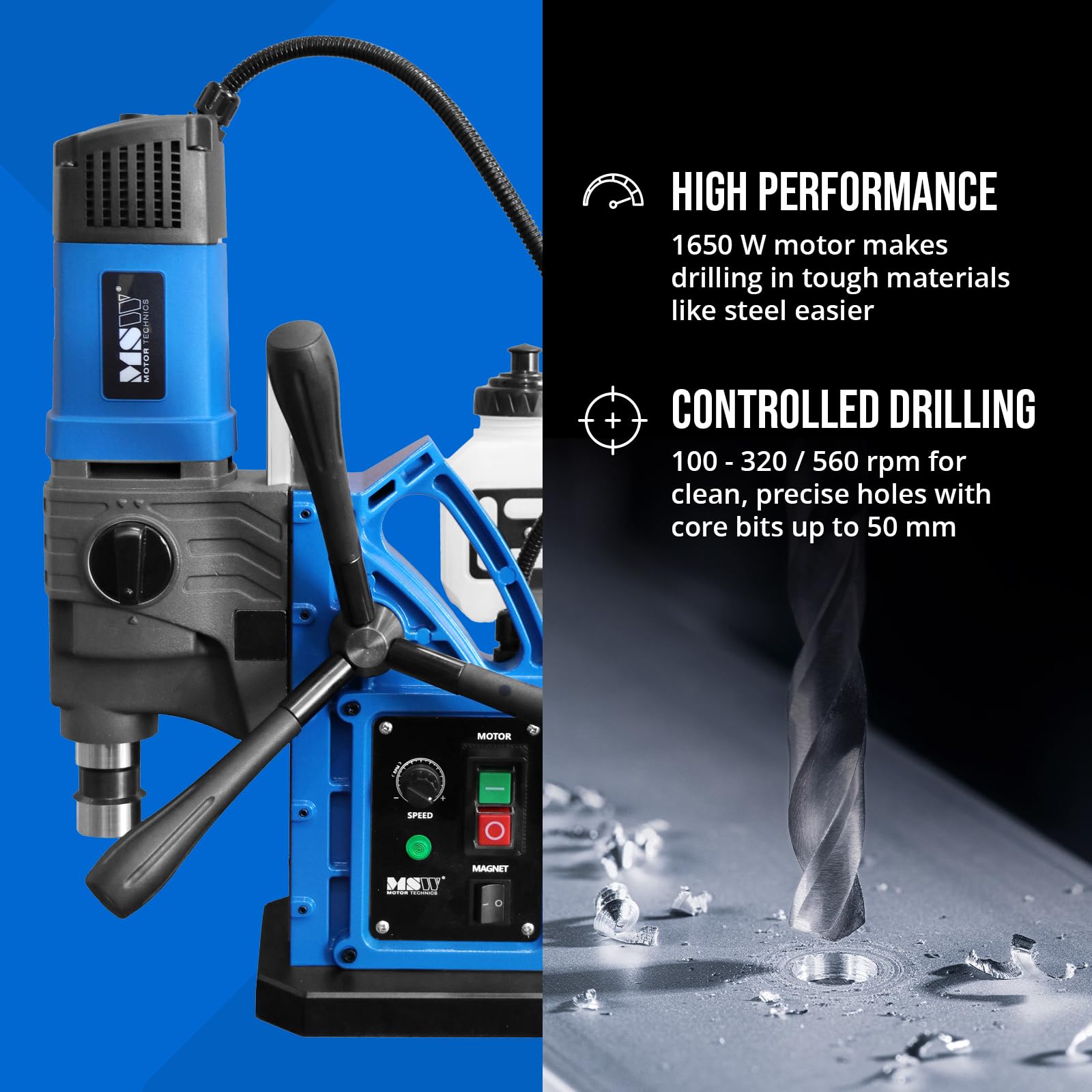 MSW Taladro magnético - con vacío - 1650 W - 560 rpm - diámetro de perforación máx. 50 mm Taladro de iman