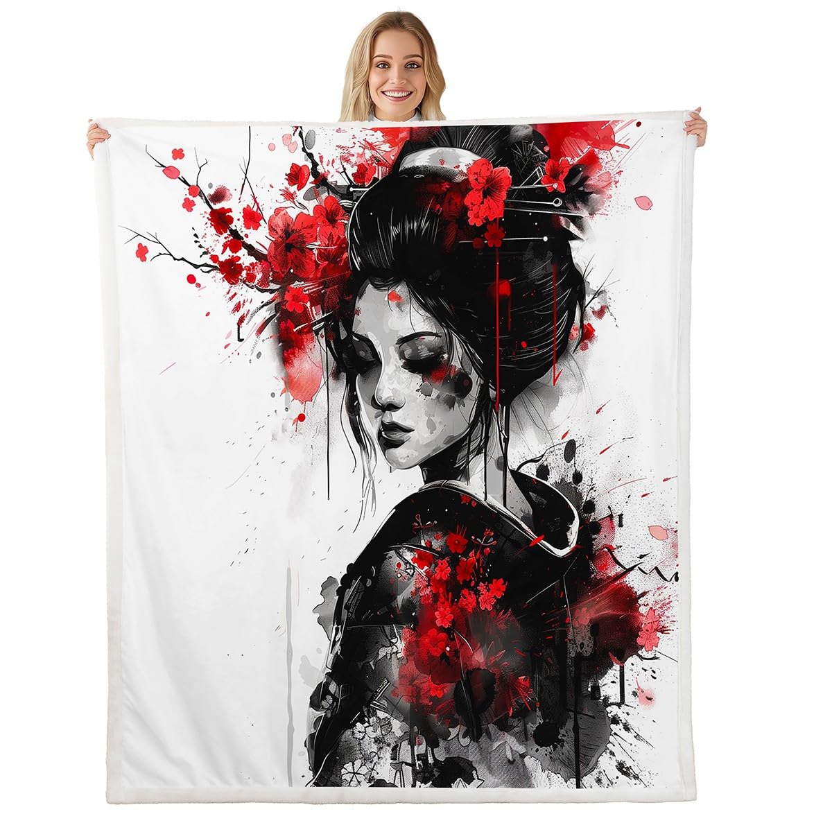 Homemissing Kinder Japan Kunst Geisha Decke 150x200cm Jungen Mädchen Kirschblüten Wohndecke Set Japanischer Stil Kuscheldecke Set Japanische Tradition Ästhetisch Bettdeckenbezug