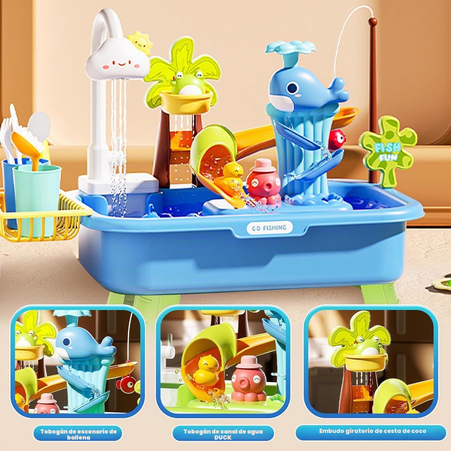 Mesa de Agua Infantil con Bomba y Agua Corriente, 4 en 1 Juegos de Agua para Exterior, Mesa de Juego Acuático con Pesca Simulada, Mesa Sensorial de Agua para Niños de 3 Años+ (Batería No