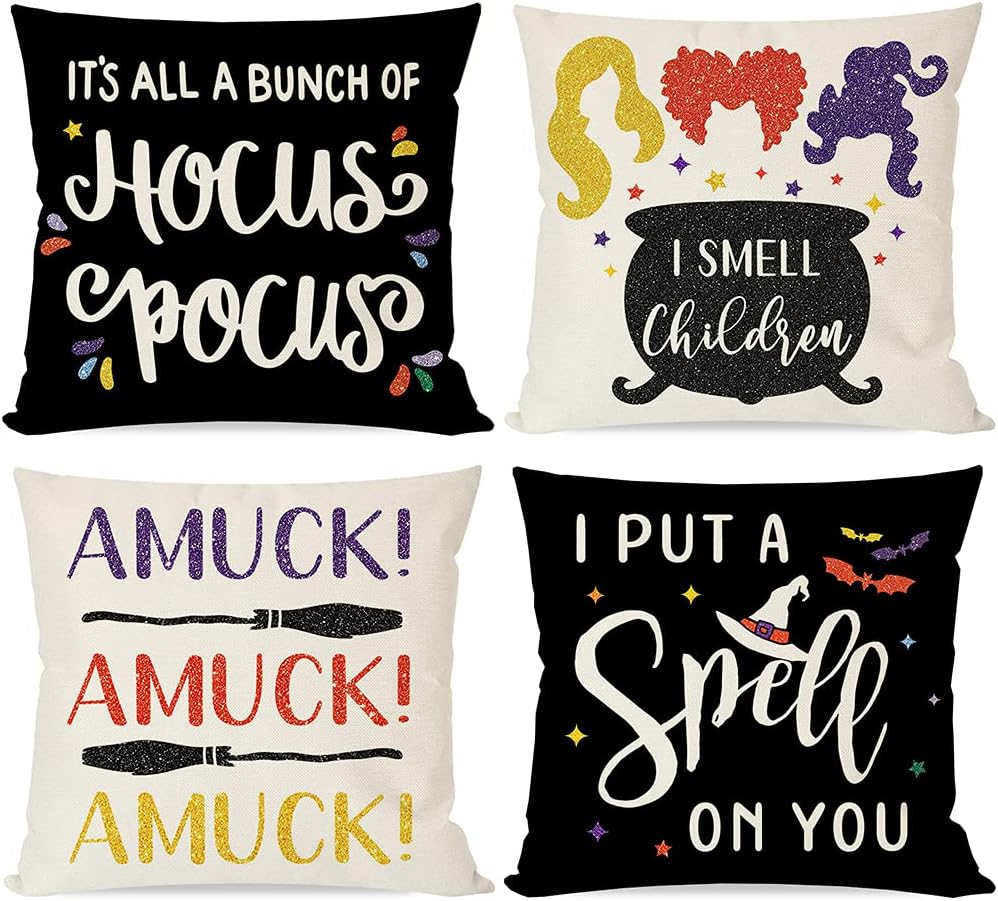 PANDICORN Hocus Pocus Halloween Pillows Covers 18x18 Set of 4 for Fall Decorations, Sanderson Sisters Witches Brew Hat I Smell Children Amuck, Black Decorative Throw Pillow Cases Indoor Outdoor Decor
