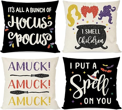 PANDICORN Hocus Pocus - Juego de 4 fundas de almohada de Halloween de 20 x 20 pulgadas, diseño de Sanderson Sisters I Smell Children Amuck Fall