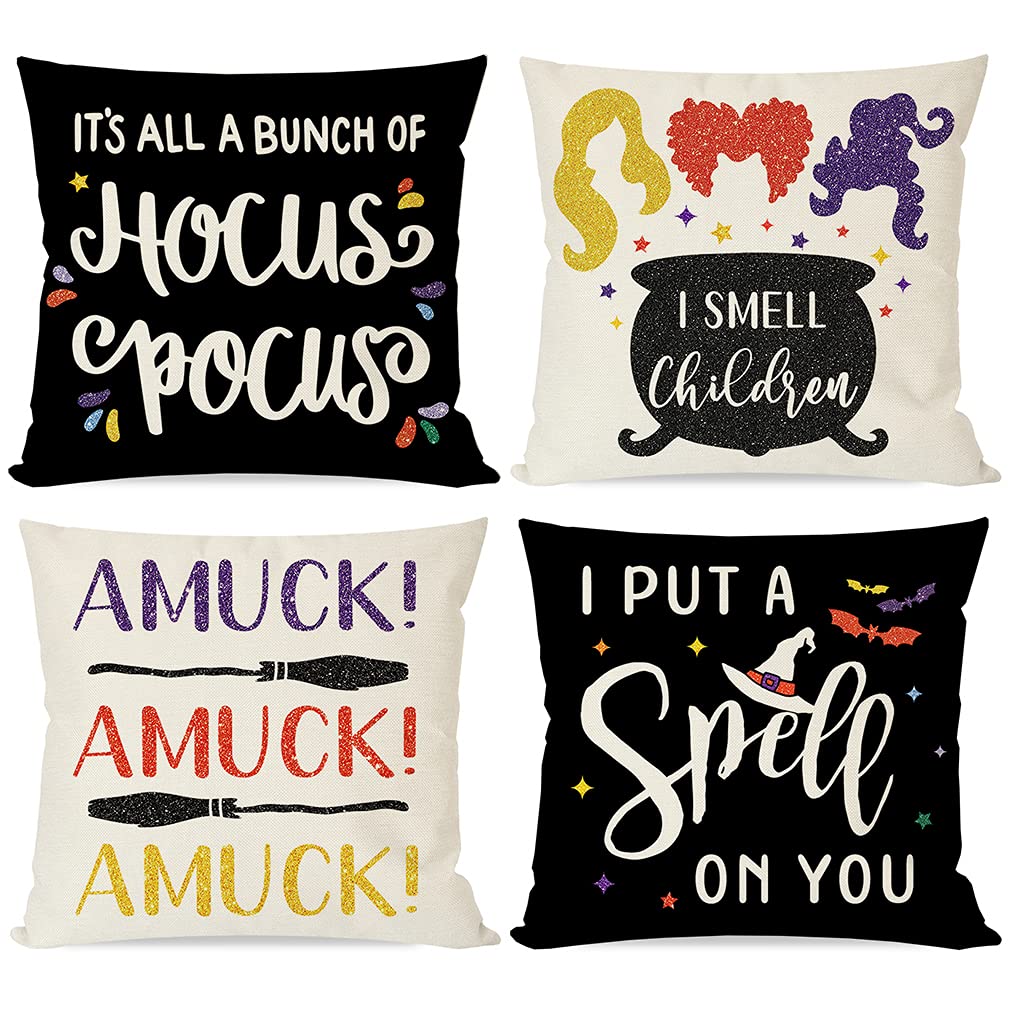 PANDICORN Halloween Pillow Covers 18x18 Set of 4, Hocus Pocus Decor Throw Pillow Cases, Sanderson Sisters I Smell Children Outdoor Fall Halloween Decorations Decorative Cushion Cases for Sofa Couch