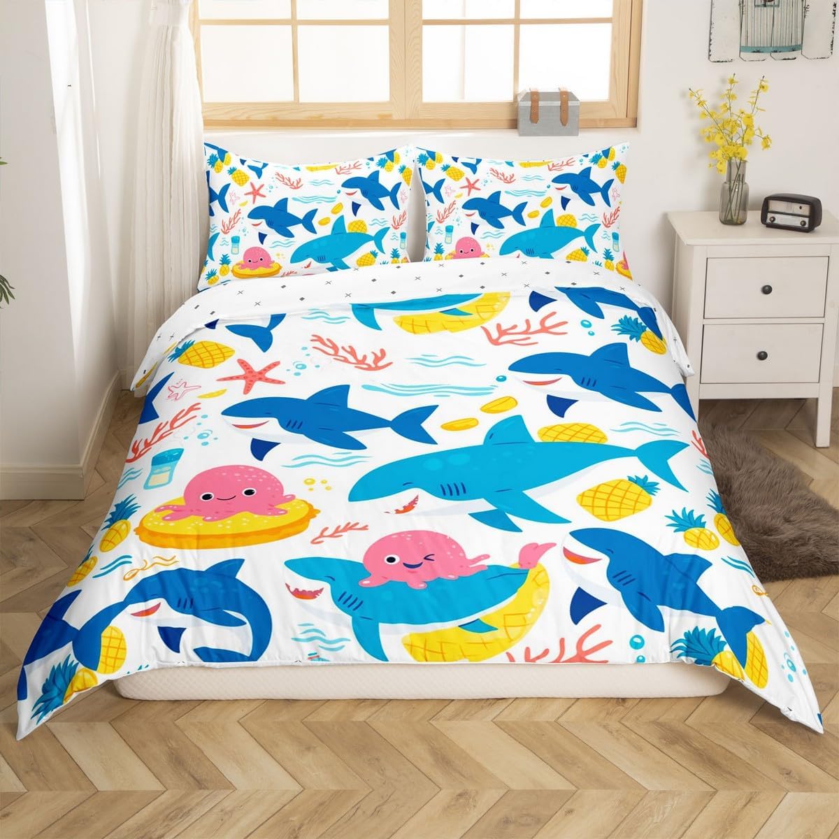 Erosebridal Toddler Shark Comforter Cover for Boys, Octopus Maeine Life Duvet Cover Pineapple Sea Animal Bedding Set Cartoon Underwater World Bed Set for Kids Girls Teens Bedroom Decor, Blue Yellow