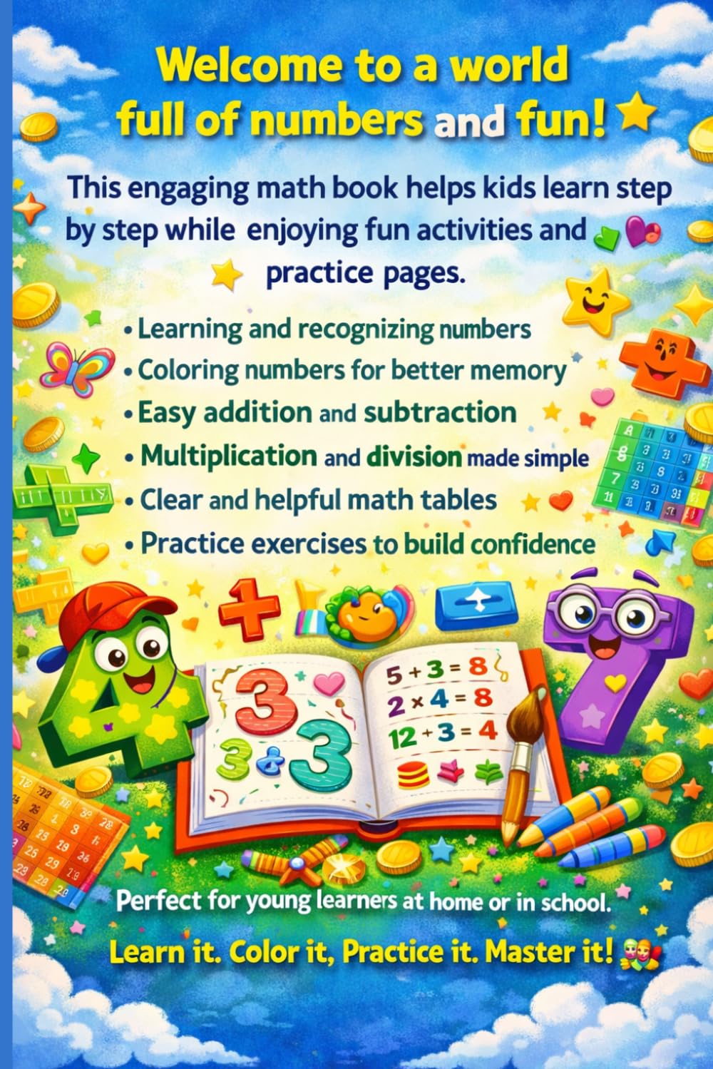 Fun Math Workbook for Kids: Learn Numbers, Addition, Subtraction, Multiplication, Division & Times Tables with Fun Coloring Activities