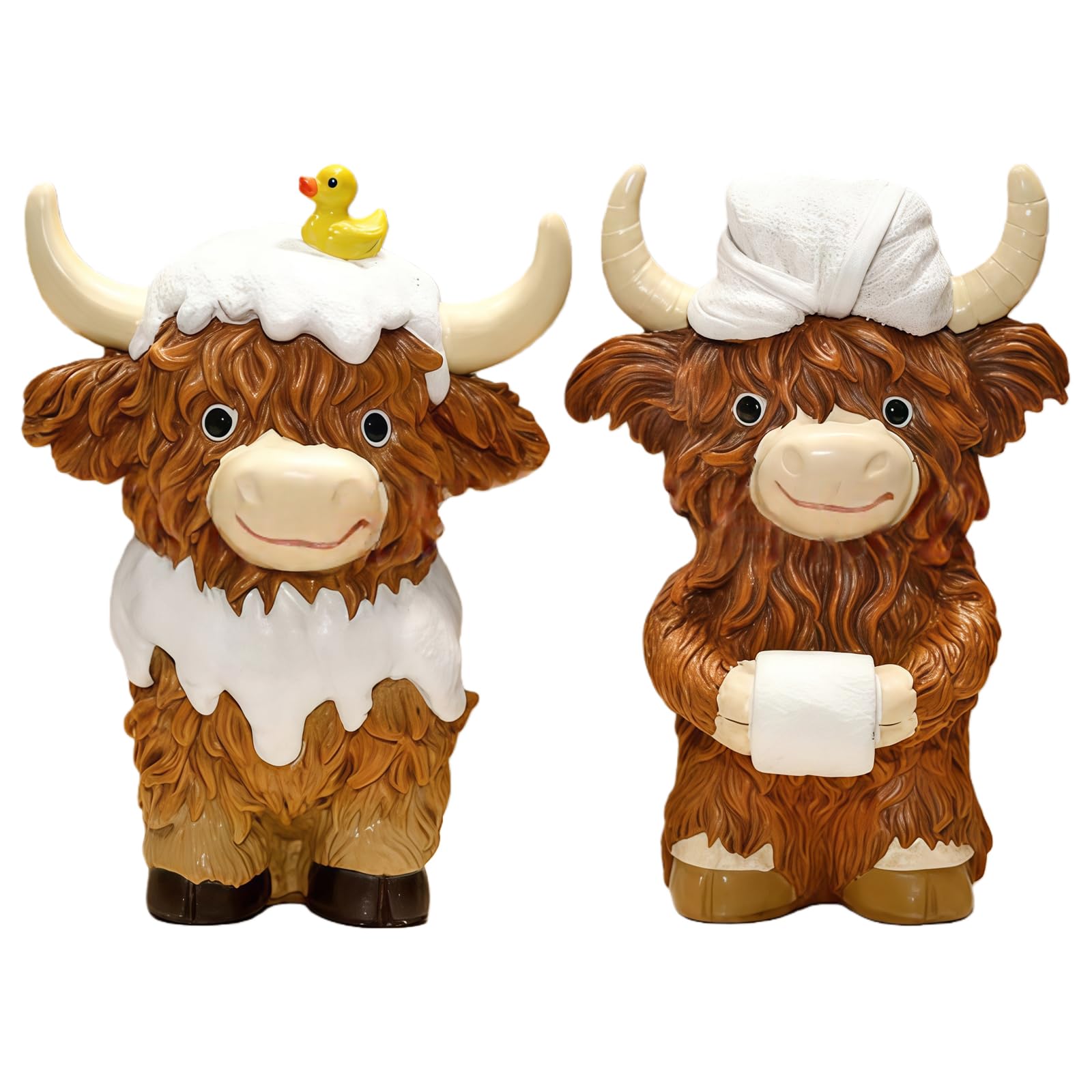 Qiansse Brown 2Pcs Highland Cow Ornaments,Resin Statue Set