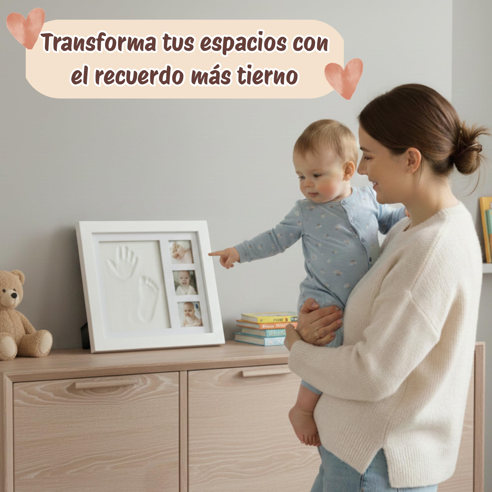 LUMS Marco Huellas Bebé Recién Nacido - Kit de Huella con Arcilla Flexible que No se Agrieta - Madera Blanca de excelente acabado, Regalo Bebé Recién Nacido Original