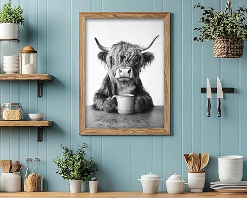 Miniatura 8 de KKP - Juego de 3 imágenes divertidas de vaca de las tierras altas de las tierras altas, cuadros de decoración de pared de barra de vaca blanca y