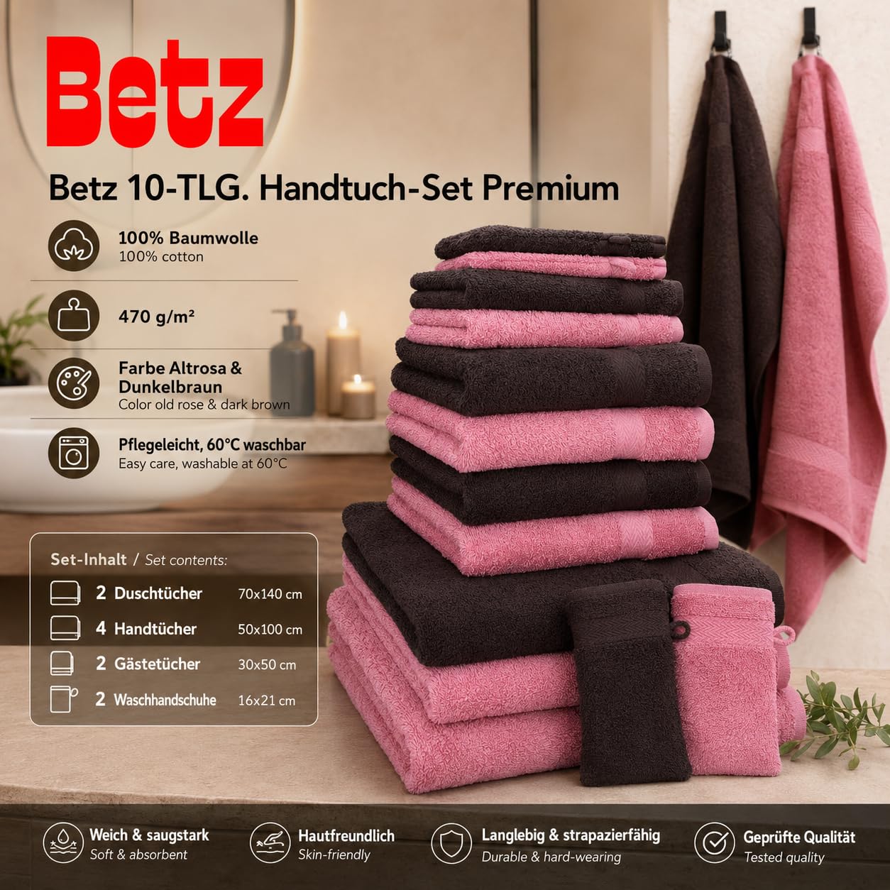 Betz 10-częściowy zestaw ręczników premium 100% bawełna 2 ręczniki kąpielowe 4 ręczniki do rąk 2 ręczniki dla gości 2 rękawice do mycia kolor ciemny brązowy i brudny róż