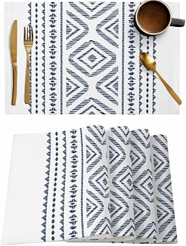 Placemats Set of 6, Blue Boho Non-Slip Dining Table Place Mat Sets, Aesthetics Modern Geometric Abstract Cotton Linen Holiday Washable Mats for Party Table Decor