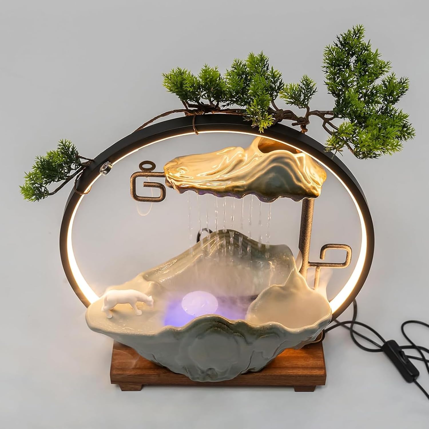 Tabletop Water Fountain with LED Light Loop, Artificial Landscape Tabletop Fountain with Atomizer, Indoor Outdoor Zen Feng Shui Decor for Good Luck Wealth Relaxation(13.8"W x 5.5"D x 15"H, A)