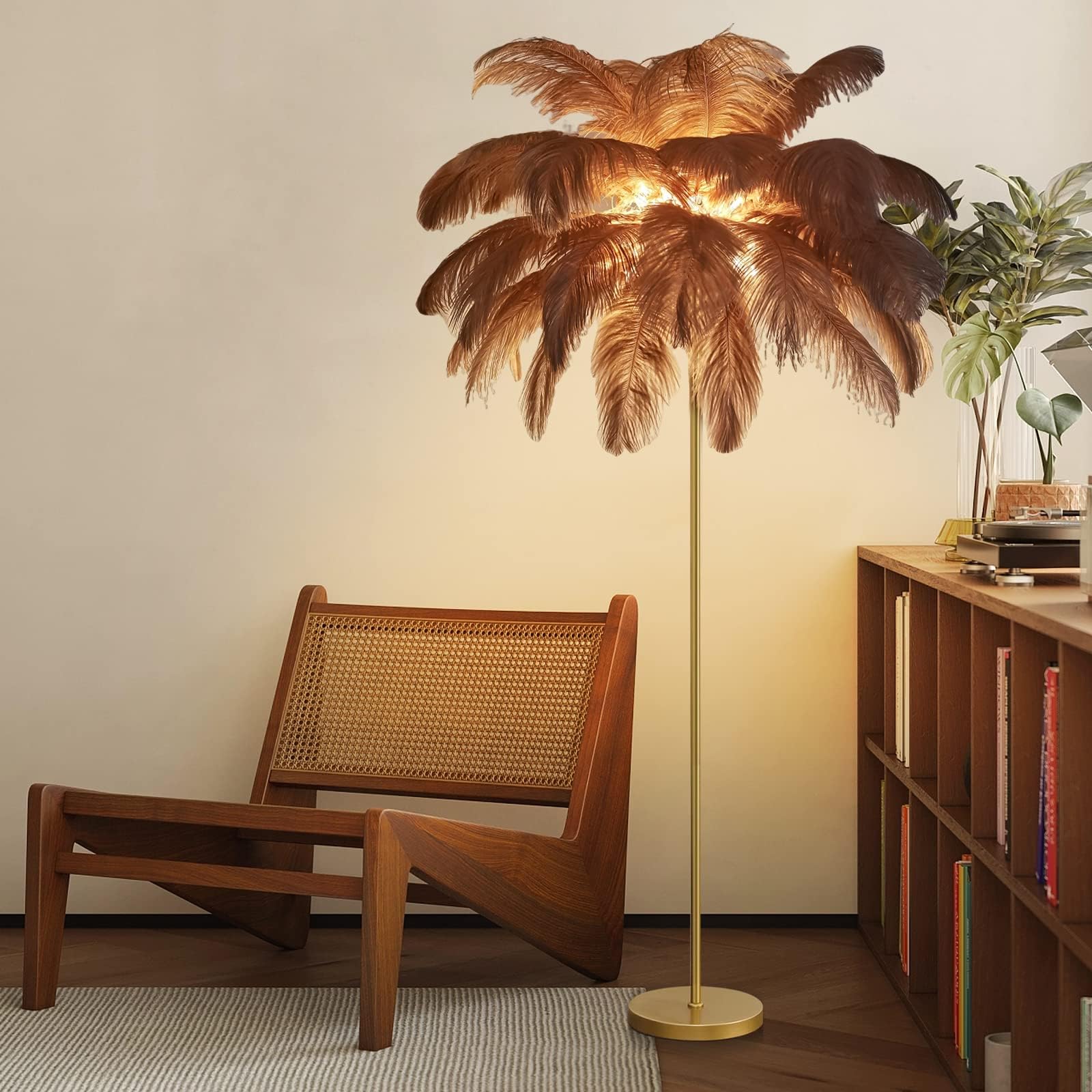 ANram Feather Floor Lamp LED Floor Lamp Dimmable Ostrich Feather Standing Lamp (160cm/66.9in),Brown,Large