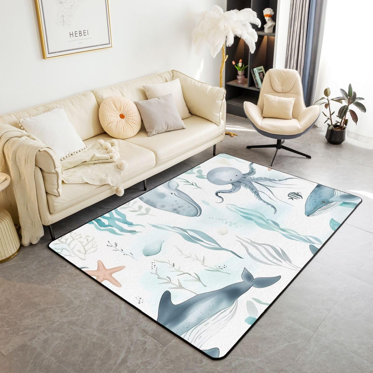 Homewish Unterwasserwelt Teppich 150x200 Hai Oktopus Rug für Kinder Jugendliche Cartoon Meeresleben Teppiche Wohnzimmer Unterwasser Meereswelle Carpet Living Room Kinderteppich