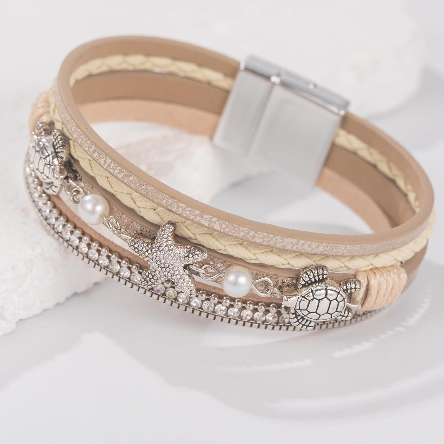 FANCY SHINY Turtle Starfish Leather Wrap Bracelet Boho Rhinestone Pearl Cuff Bracelets for Women Summer Beach Jewelry for Women - Image 7