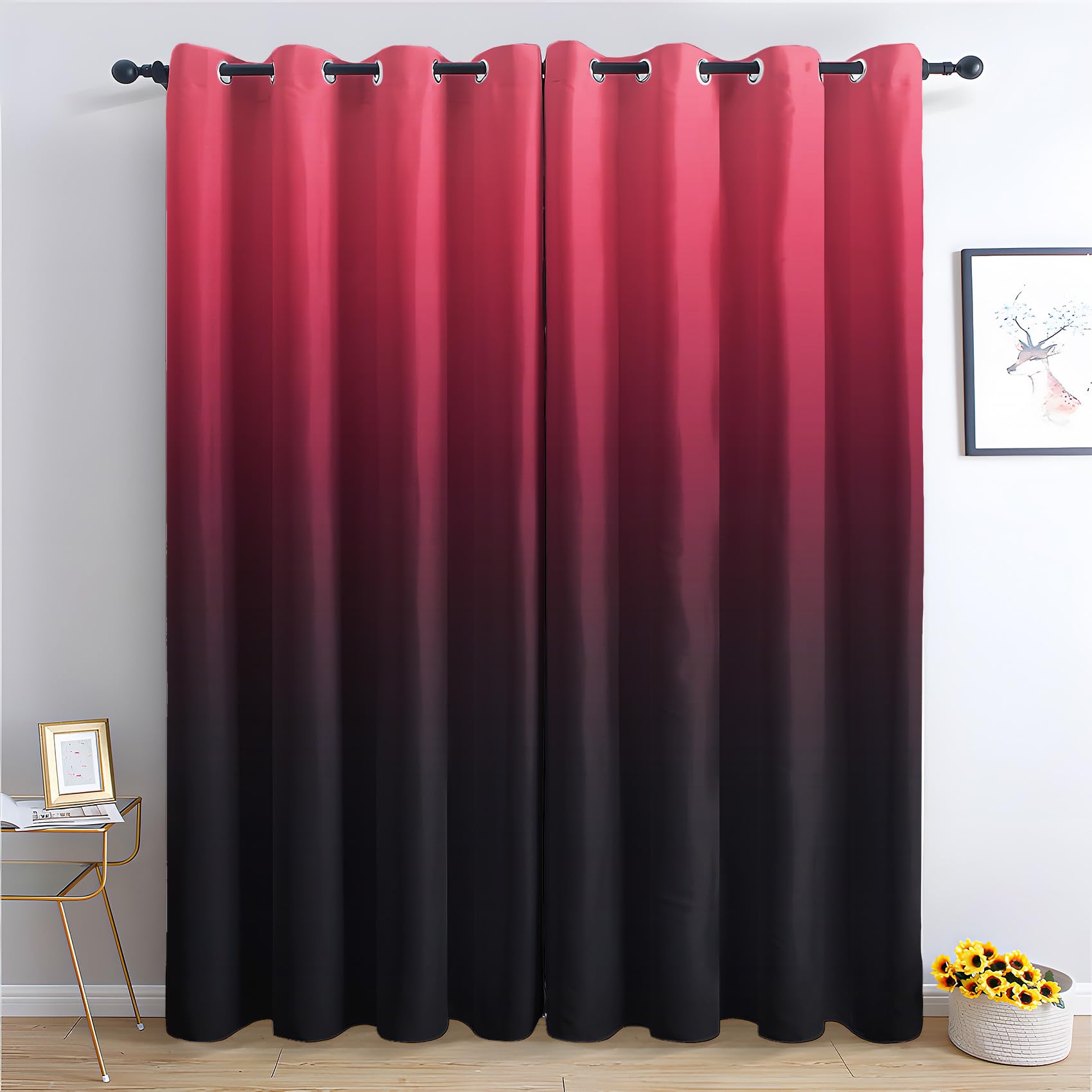 Zcwl Red Black Ombre Curtains For Bedroom Living Room, Burgundy Gradient Patterned Blackout Curtains, Thermal Insulated Eyelet Curtain, 54 Drop Window Treatments Drapes, 46X54 Inch (W X L), 2 Panels