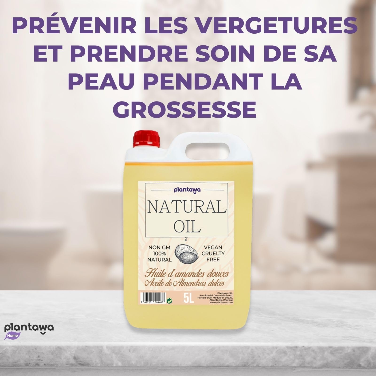 PLANTAWA Huile d'amande douce, Pack économique, kit professionnel, massage, 5L, hydrate, peau, oreille, cheveux, grossesse, pour visage, apporte de la vitamine E, durable, 5000 ml