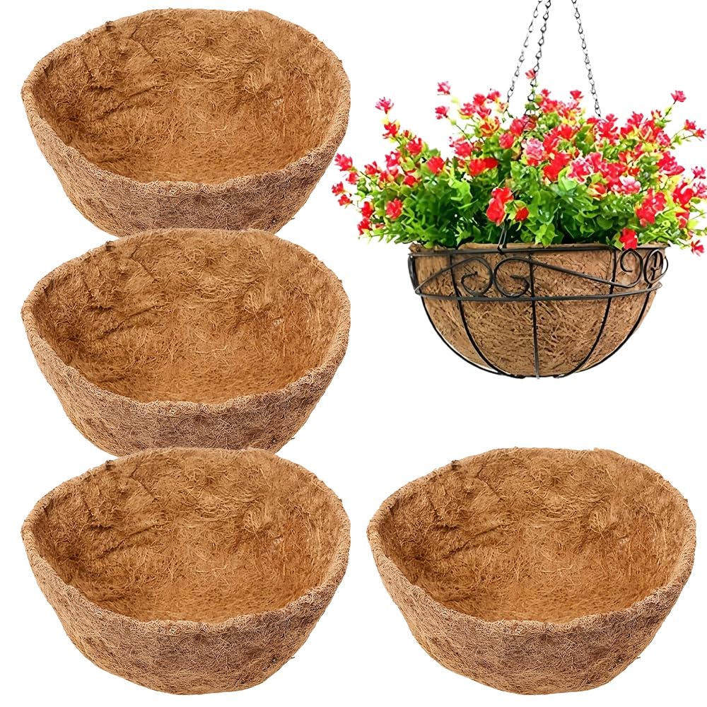 4 Pcs Round Hanging Basket Liners, 12 Inch Coco Fiber Liner, Bowl Shaped Coconut Hanging Basket Liners for Hanging Basket Indoor Outdoor Garden Flower Pot Growth Porch Balcony Planter