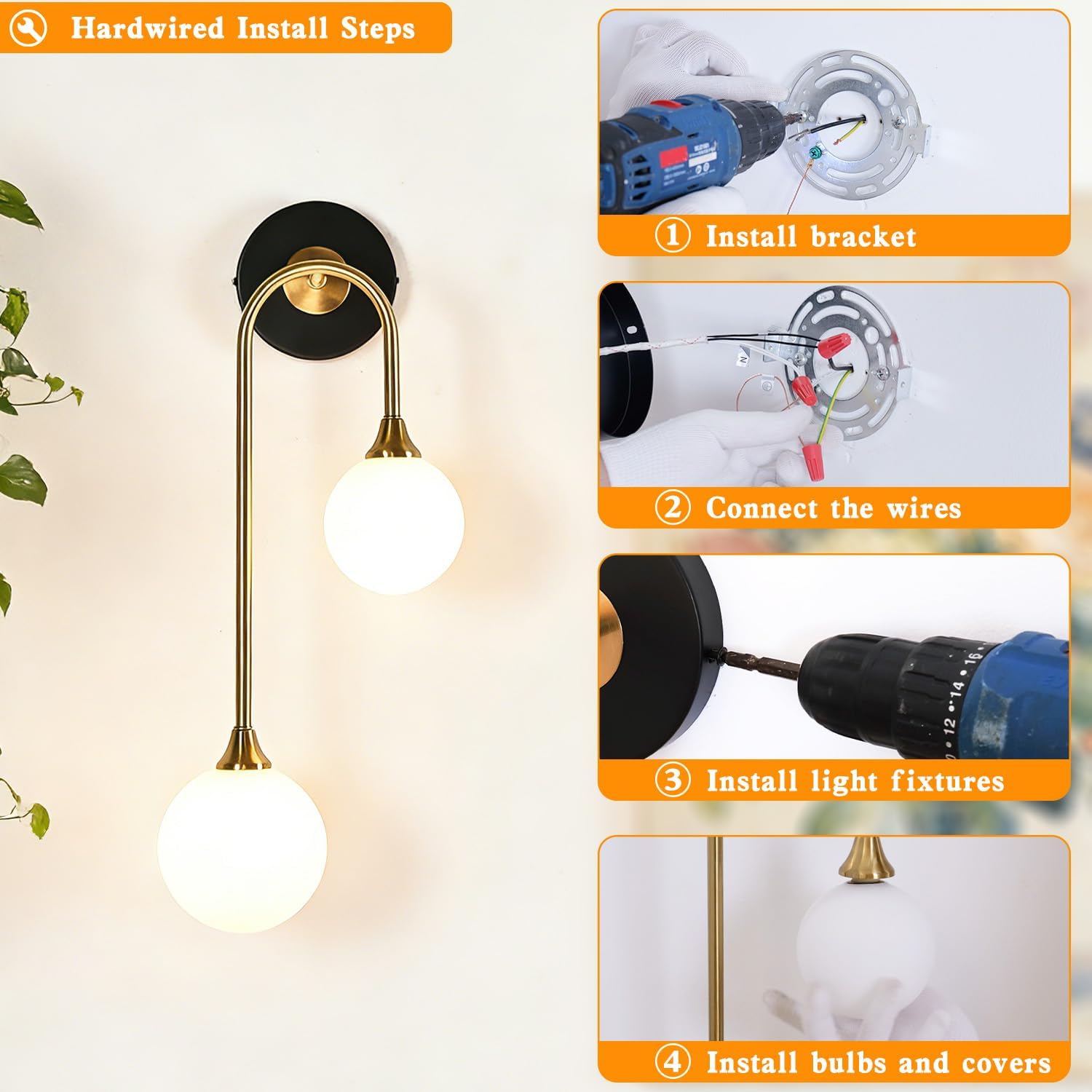 Mid Century Modern Wall Sconce Black and Gold Milk Glass Sconces with Double Ball Hardwired Wall Light for Bedside Bedroom Bathroom Living Room Corridor G9 Base (Bulbs Not Included)