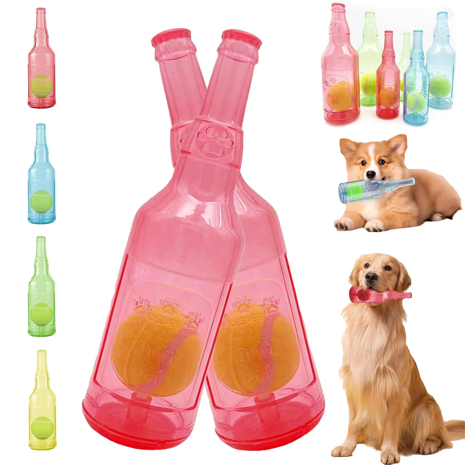 LLELEMAMO Crunch Play Bottle Toy, Crunchnplay Bottle Toy for Dogs, 9.7"/7.7" Rubber water bottle dog toy, Interesting Squeaky Dog Toys, Outdoor Interactive Dog Chew Toy with Tennis Ball (2*Red,Large)