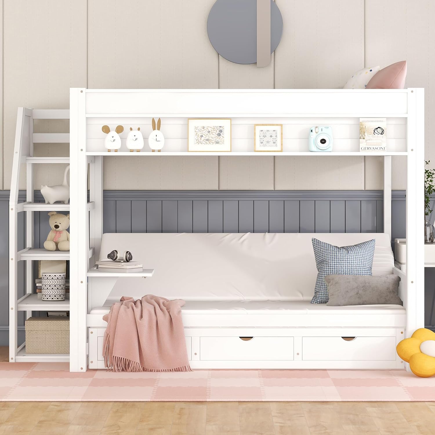 Wood Full Size Convertible Bunk Bed with Storage Staircase, Bedside Table, and 3 Drawers, White