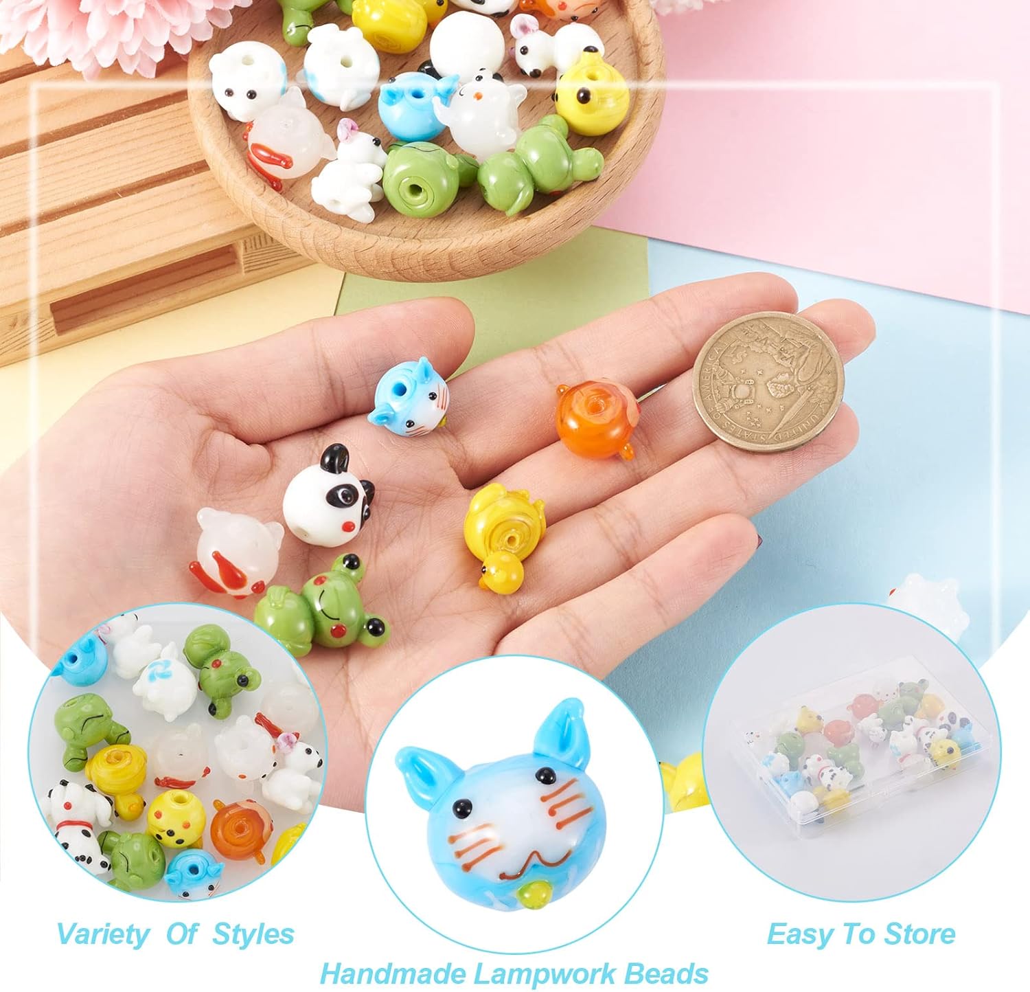 24 Pcs Animal Lampwork Glass Beads Monkey Cat Panda Frog Pig Dog Duck Rabbit Bead Handmade Bumpy Lampwork Beads for Women DIY Jewelry Making Necklace Earring Bracelet