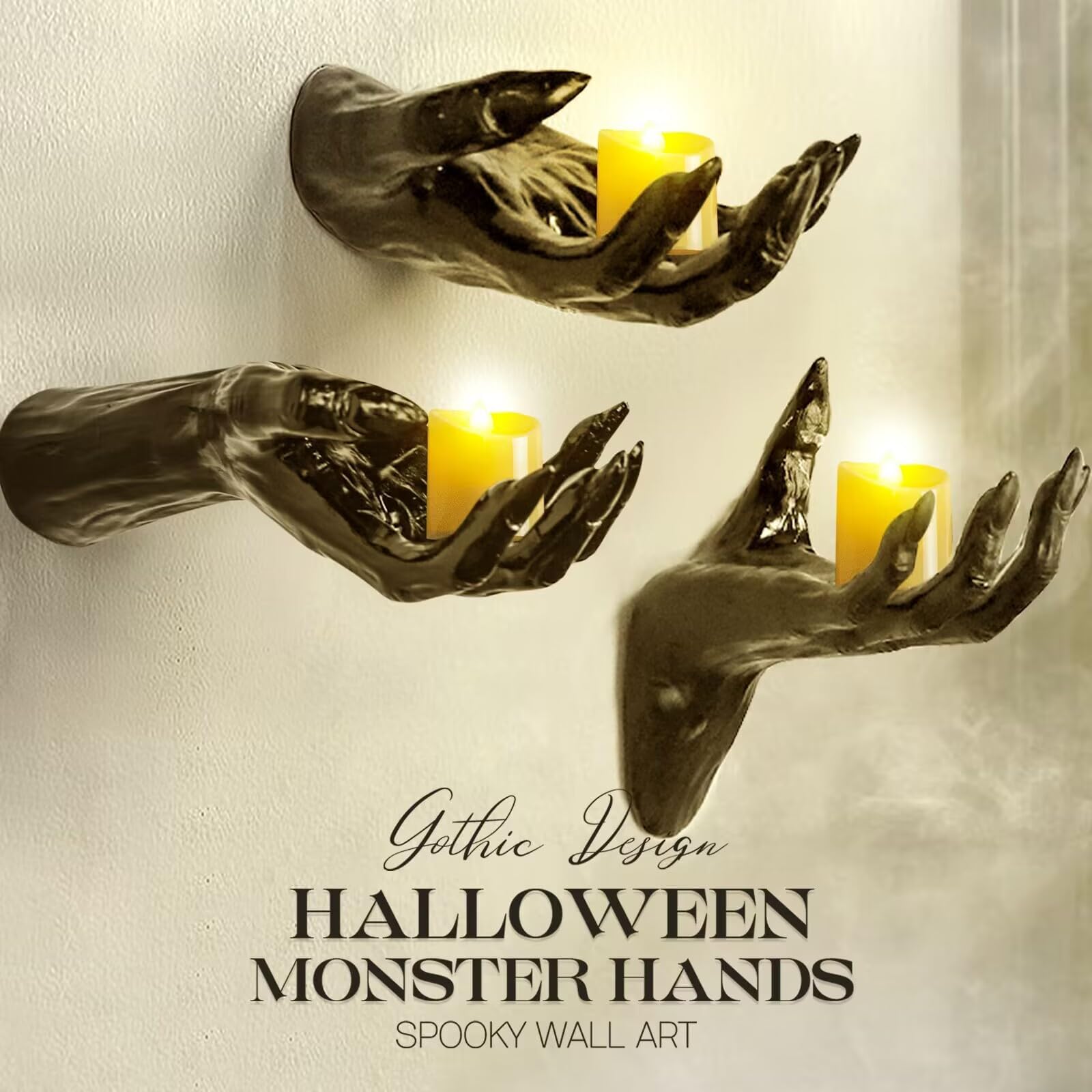 Halloween Decorations - 3 Scary Monster Hands Wall Decor - Hocus Pocus Gothic Decor Indoor Outdoor - Spooky Vintage Wall Sculpture for Home Party Bedroom Room Outside Inside (Candles Not Included)