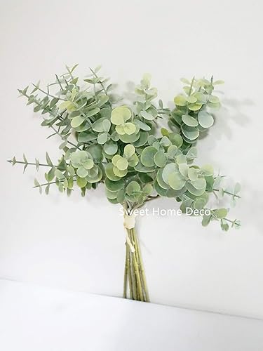 Miniatura 2 de Ramo de eucalipto sintético de 14 pulgadas, eucalipto artificial, tallo único, diseño floral, juego de 2 (color verde polvoriento)