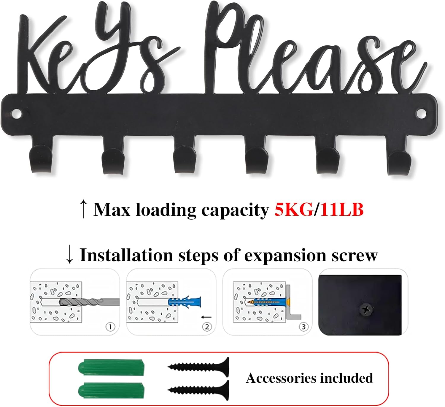 Keys Please Key Holder Wall Mounted,Mini Size:7.28x2.95inch | Black Metal Decorative Rack Hooks for Garage,Mudroom,Hallway,Entryway,Front Door,Office