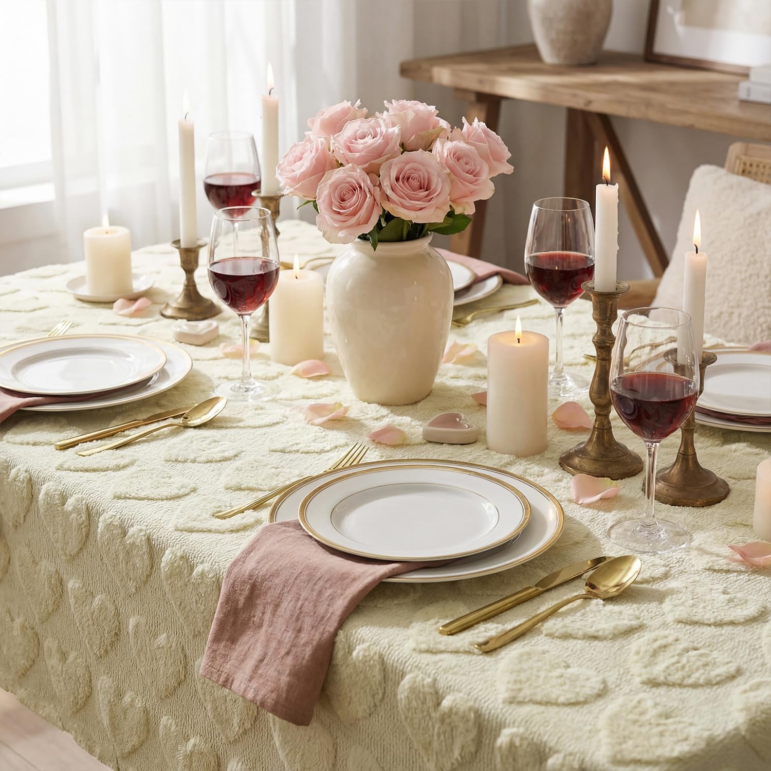 Horaldaily Valentine's Day Tablecloth 52×70 Inch Rectangular, Beige Soft Plush Faux Fur Love Heart Table Cover, Seasonal Dining Table Decoration for Wedding Anniversary