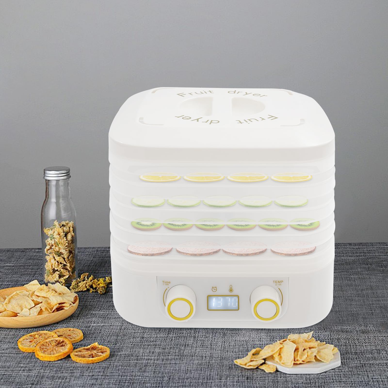 Secador de alimentos, deshidratador de frutas con 5 compartimentos, pantalla LED, deshidratador de alimentos, temperatura ajustable, temporizador de 48H, secado por circulación de 360°, para carne