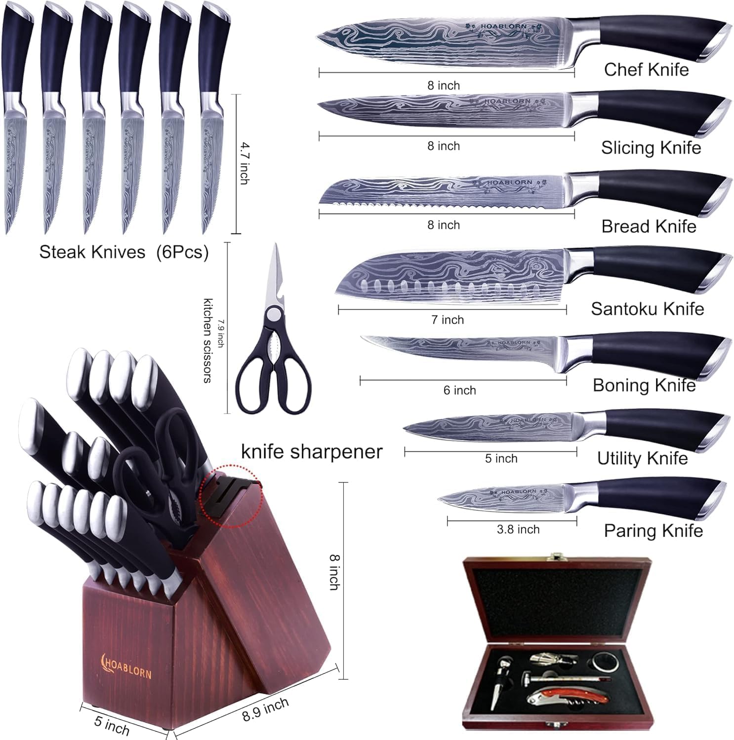 Juego de cuchillos de cocina con portacuchillos, 15 cuchillos profesionales de acero inoxidable Damasco con afilador de cuchillos incorporado y caja de regalo para vino