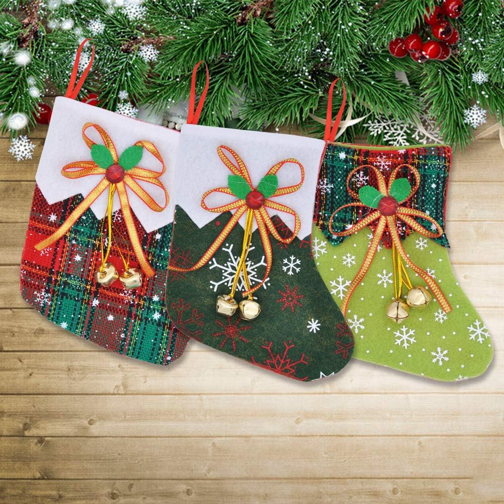 JOYIN 12 Pack 6” Mini Christmas Stocking with Jingle Bells, Xmas Stockings for Christmas Tree Decoration, Party Favors and Holiday Season Supplies