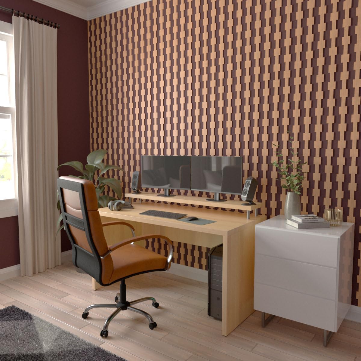 Ekena Millwork 94"H x 1/4"T Midland Adjustable Wood Decorative Slat Wall Panel Kit, Cherry (contains 29 Slats + 1 Straight Edge Starter Slat)