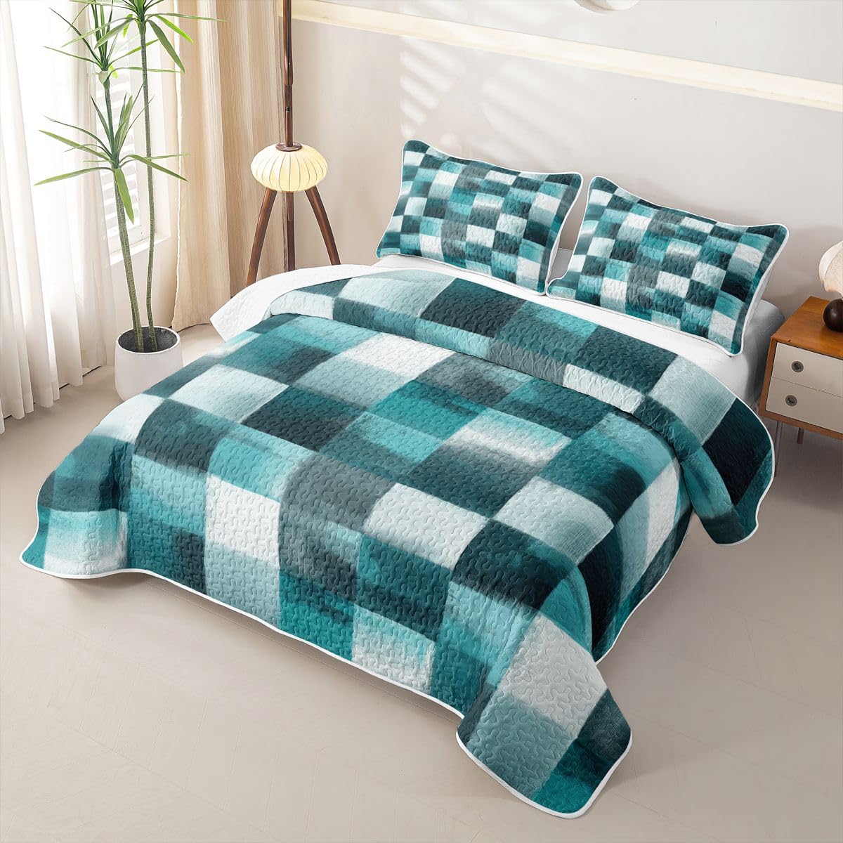 Loussiesd Geometryczna pikowana narzuta na łóżko king-size, turkusowa, biała, pled, narzuta na łóżko, letnia kołdra, sztuka abstrakcyjna, ombre, narzuta na cały rok, 3 sztuki (1 kołdra, 2 poszewki na