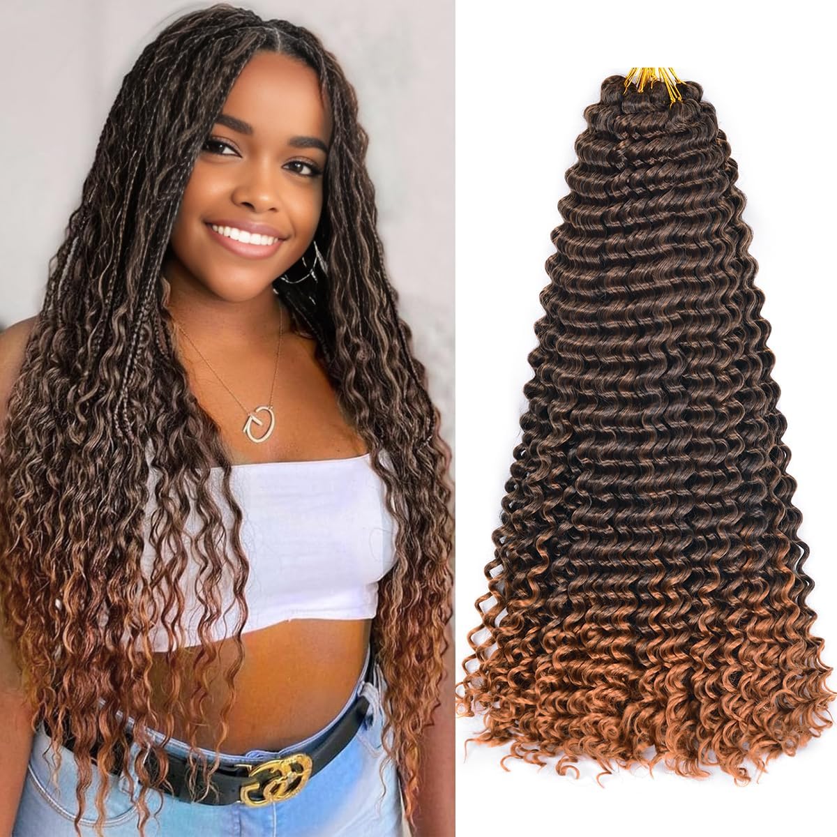 Ocean Wave Crochet Hair,28Inch 6Packs Deep Wave Braiding Hair Synthetic Curly Crochet Hair Extensions for Black Women(110g/Pack,#T30)