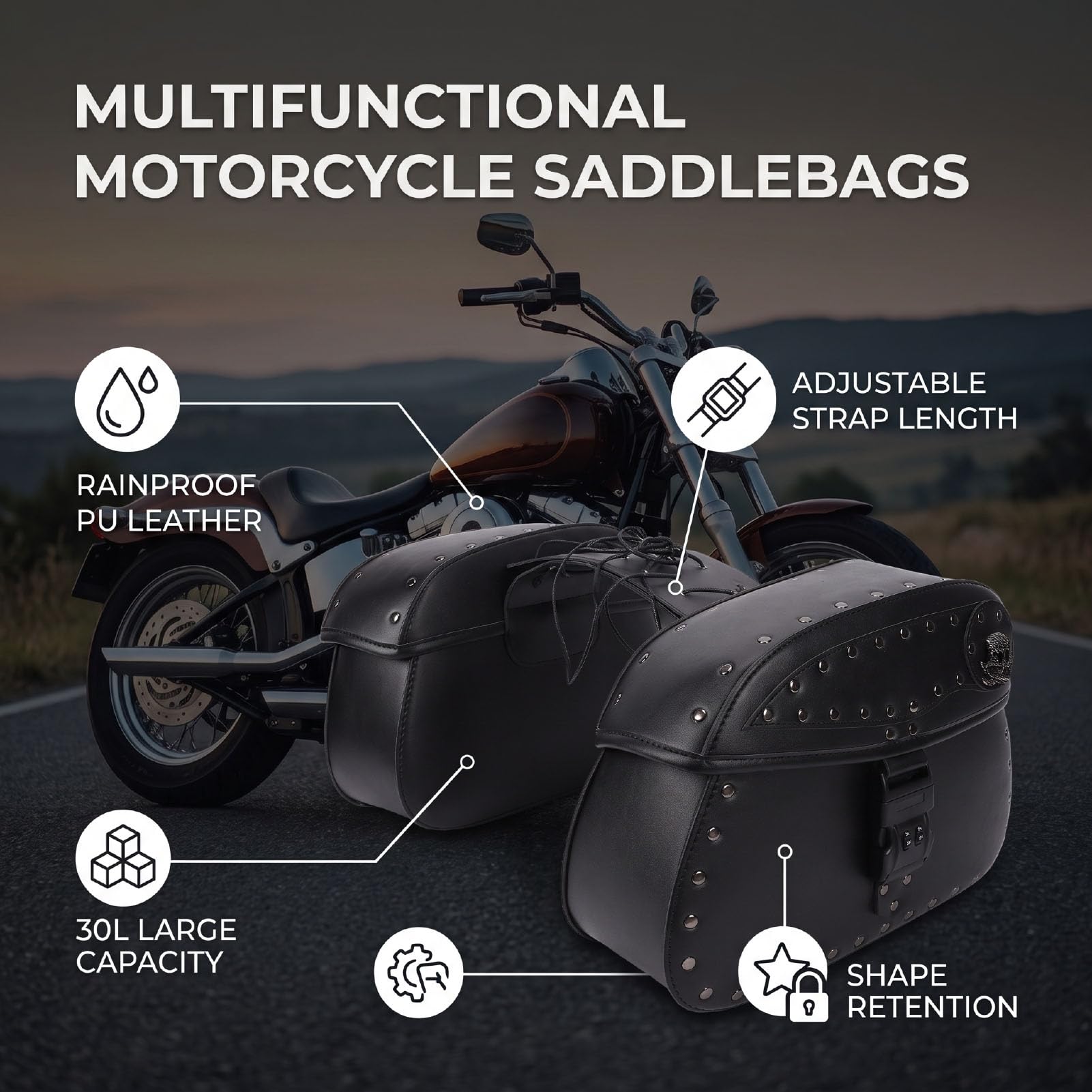 Yctze Borse Laterali Moto, 30L Grande capacità, Pelle PU Impermeabile, per | Compatibilità Universale per V STAR 250, Nightster Special, Breakout e Shadow Aero. Borse Laterali Nere con Cinghie