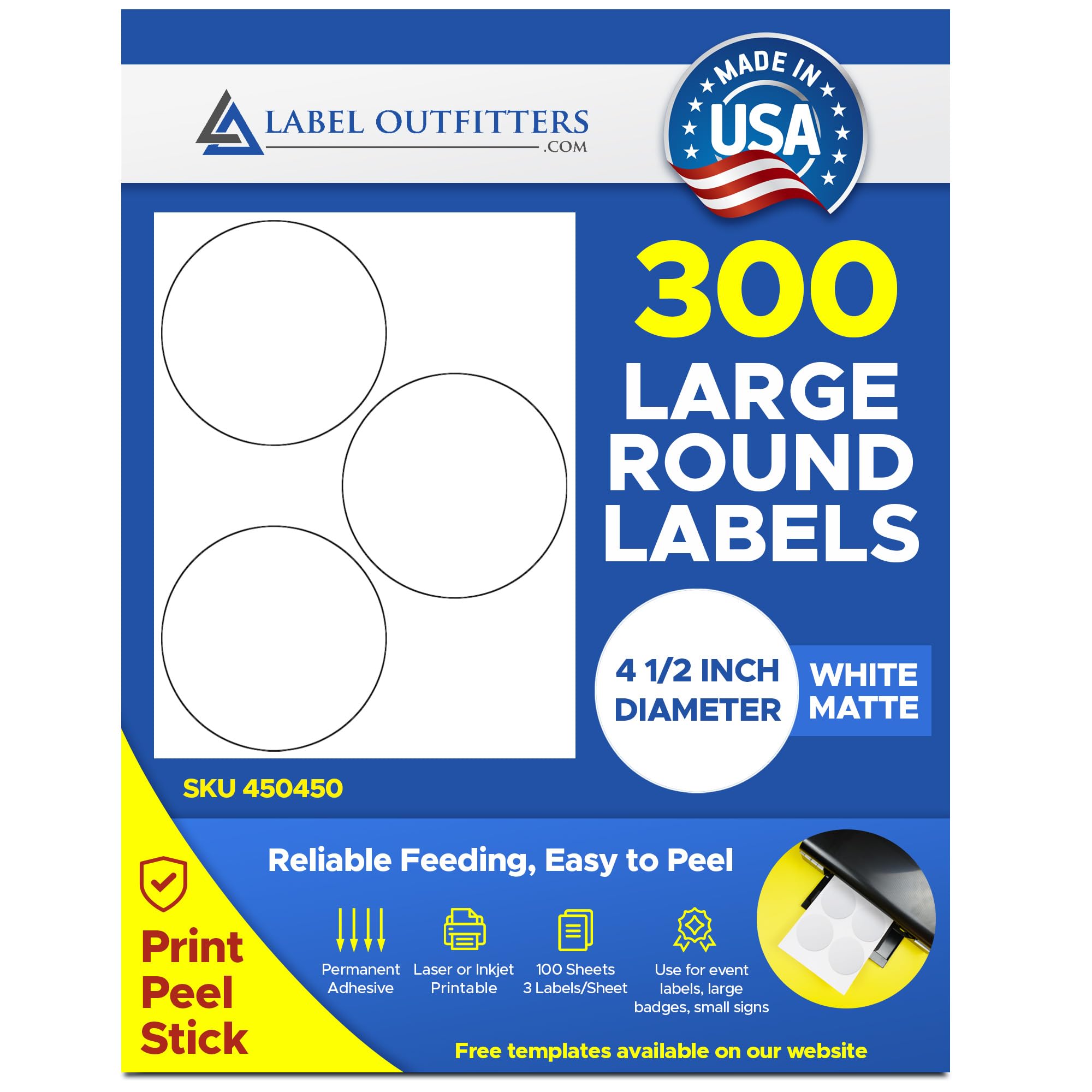 300 Label Outfitters Very Large Printable Round Circular White Matte Labels, 4.5" Diameter, 3 per Sheet, 100 Sheets