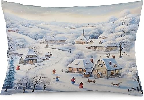 Fundas de almohada decorativas de aldea de árbol de Navidad, fundas de almohada rectangularesde cintura de 20 x 30 pulgadas, escena de invierno con