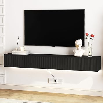 Mesa Flotante para TV 69 inch,Black Floating TV Stand Wall Mounted,Floating Entertainment Center with Fluted Doors,Media Console Table for Living Room,Bedroom
