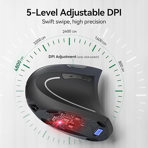 Miniatura 6 de TECKNET Ratón ergonómico, mouse Ergo vertical recargable inalámbrico 800-4800 niveles, 5 DPI ajustables, silencioso 2.4 GHz óptico túnel carpiano