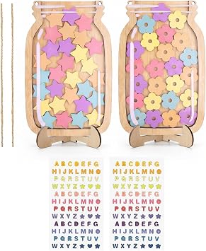 2 PCS Reward Jar with 30 Stars Flowers and Letter Stickers Wooden Good Behaviour Chart Reward Pot Star Jar Reward System for Home School Classroom Teachers and Parents
