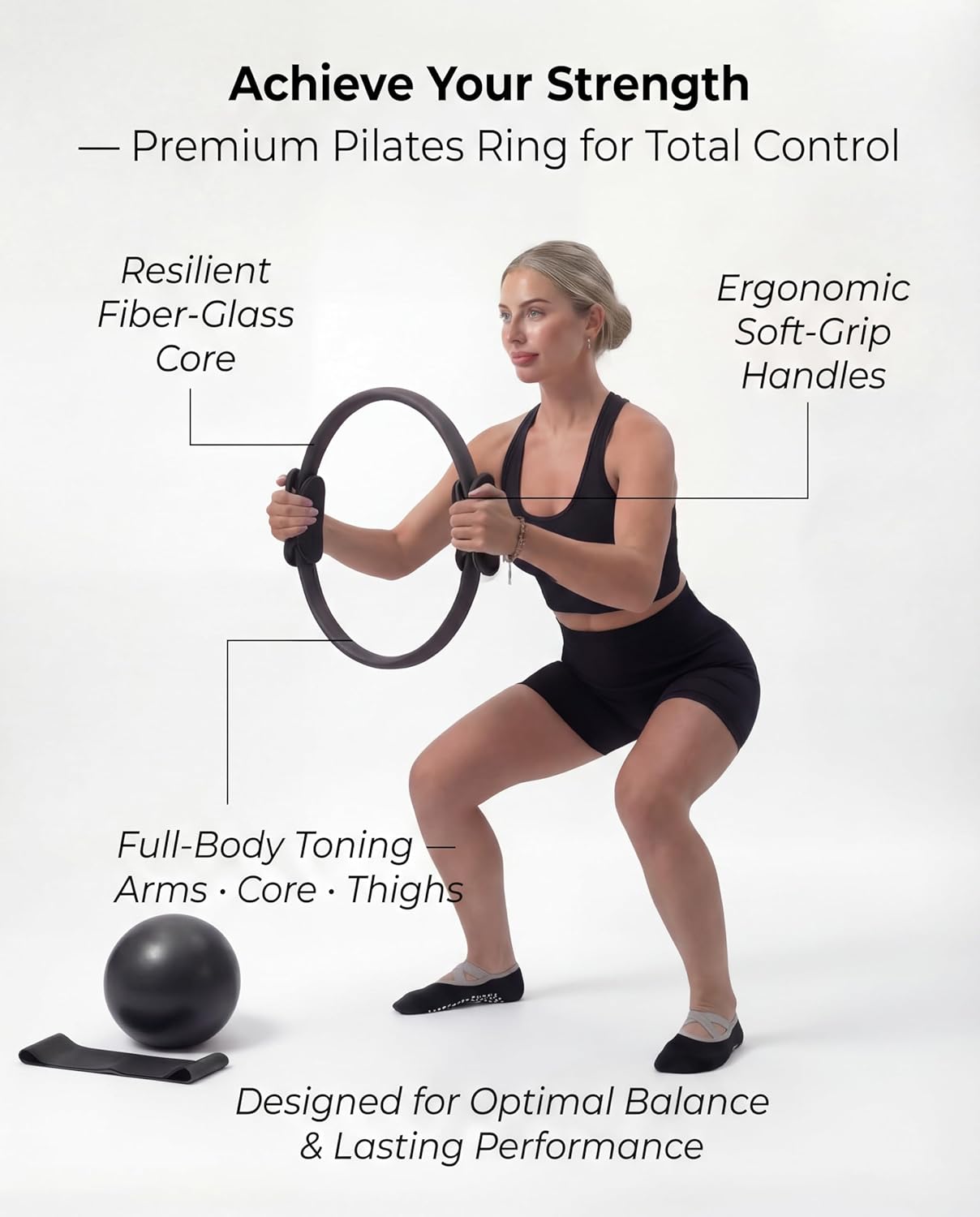 Pilates Equipment Kit for Home Workout, Pilates Kit, Pilates Ring Set, Pilates Ball, Adjustable Ankle And Wrist Weights, Resistance Bands, Grip Socks, Instruction Guides, Essential Starter Set, Black