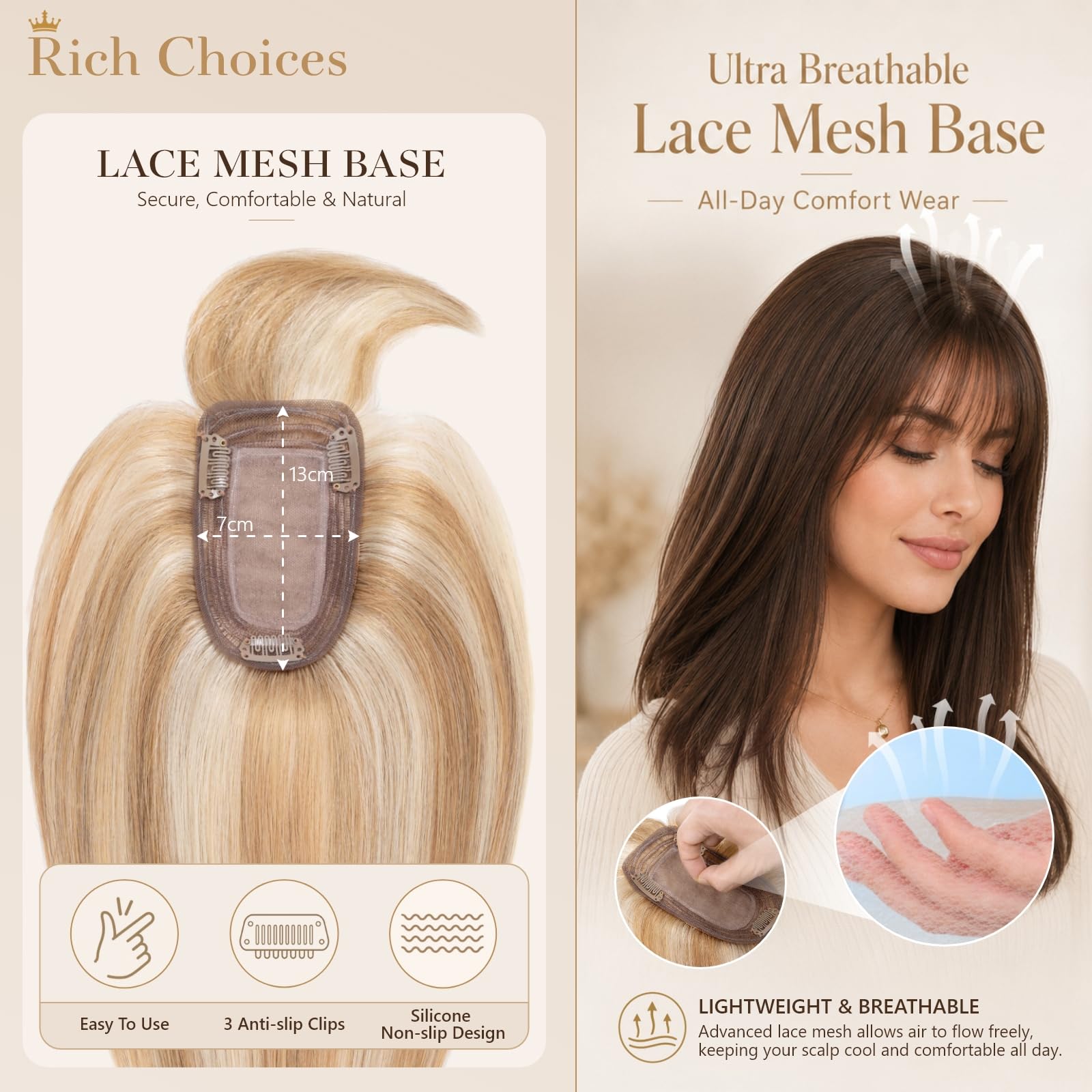 Rich Choices Clip in Pony Haarteile Echthaar für Damen 360°3D‑Abdeckung Haartopper Remy Human Hair Topper Echthaar Oberkopf Haarteile mit Pony 40cm #12/613 Sandblond mit Platinblond