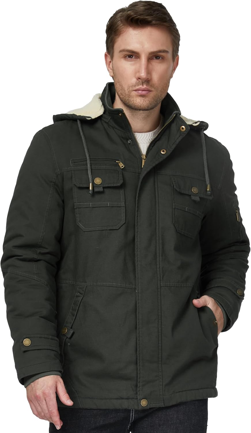 WenVen Men's Winter Sherpa Parka Mid Length Thicken Military Style Warm Jacket with Removable Hood - Image 2
