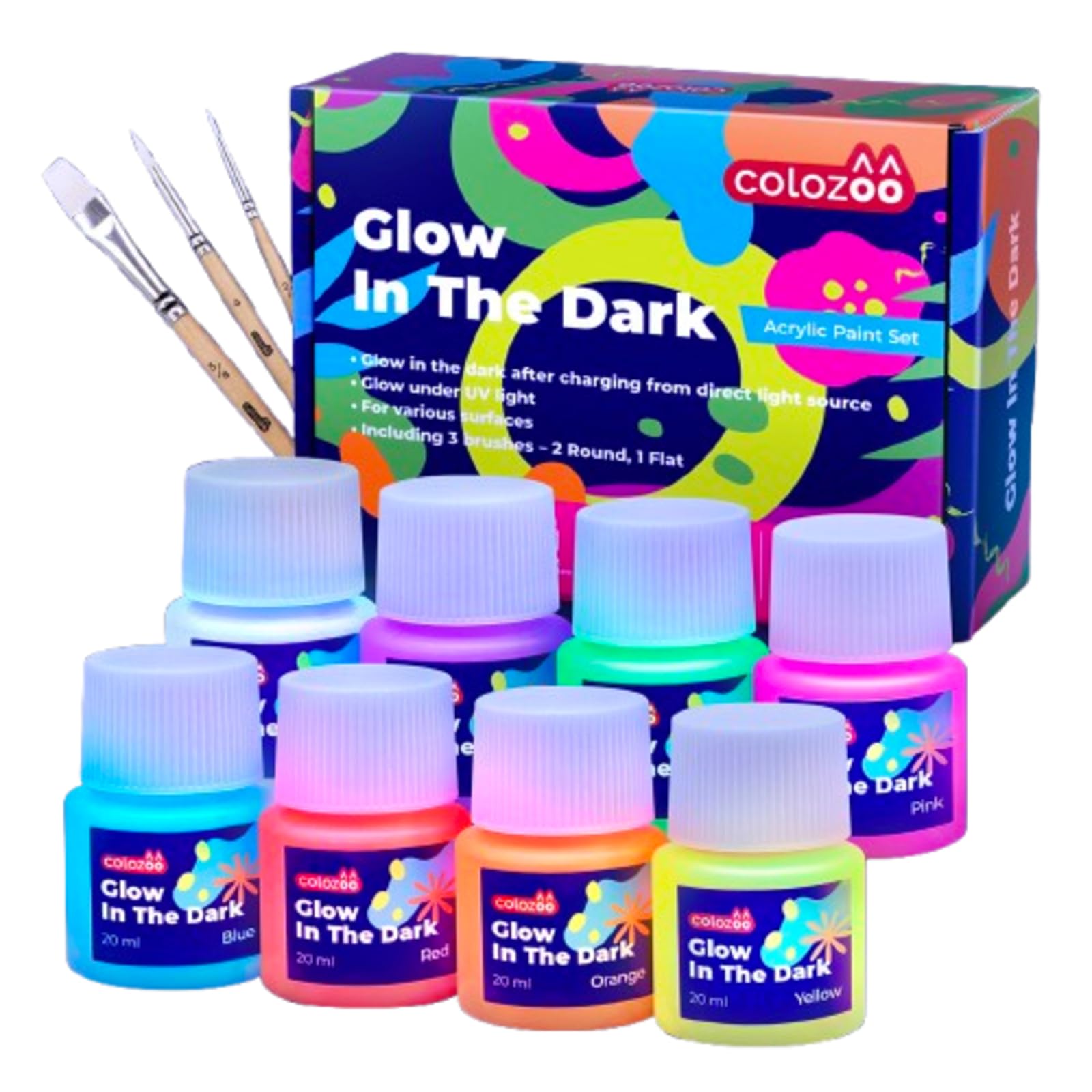 colozoo Set di colori acrilici fosforescenti 8x20ml luminosi +3 pennelli | brillano al buio sono durevoli su qualsiasi superficie fluorescenti autoilluminanti