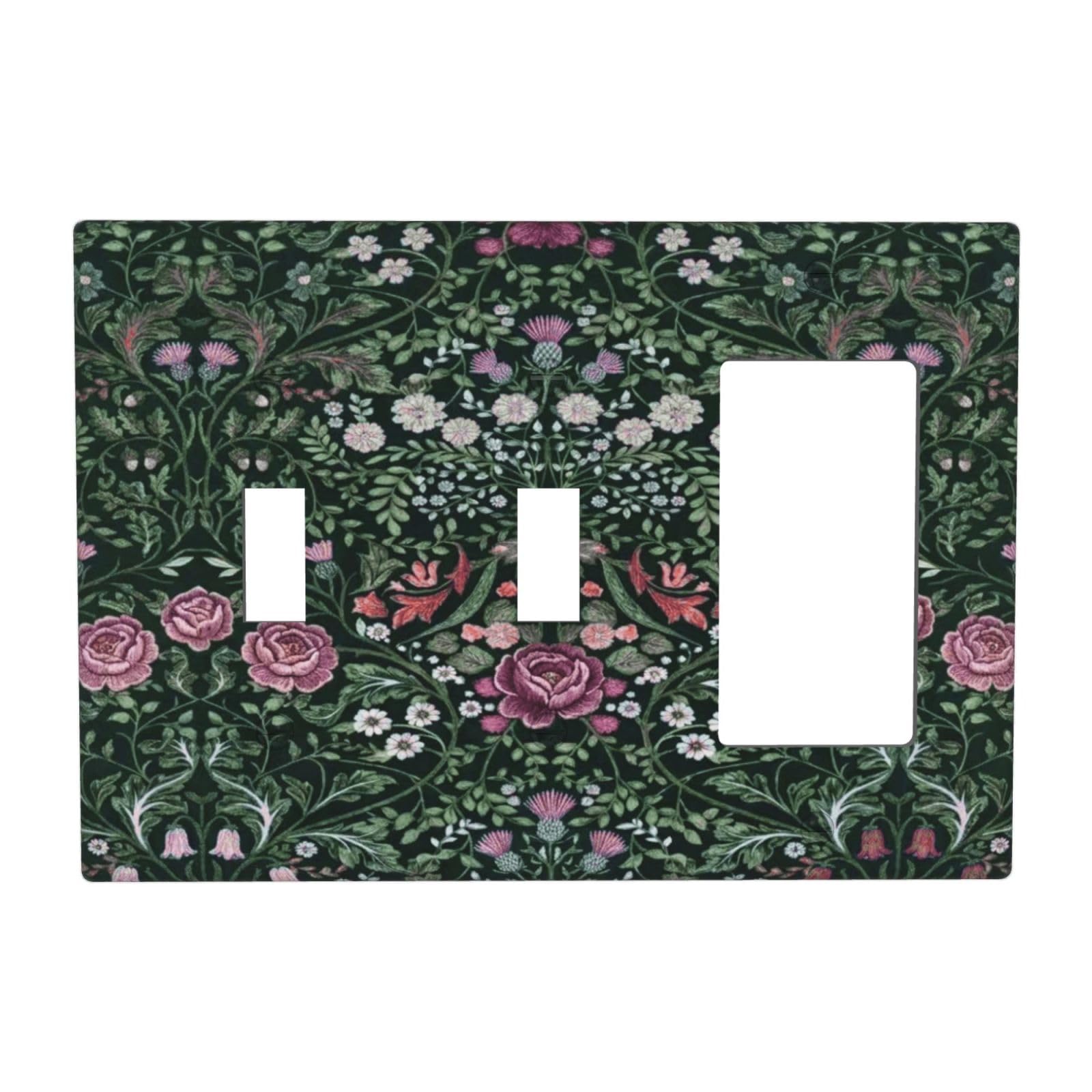 William Boho Floral Moris Flower Leaf 3 Gang 2 Toggle 1 Decorator/GFCI Combination Light Switch Cover Decorative Triple Combo Switch Face Wall Plate Room Decor