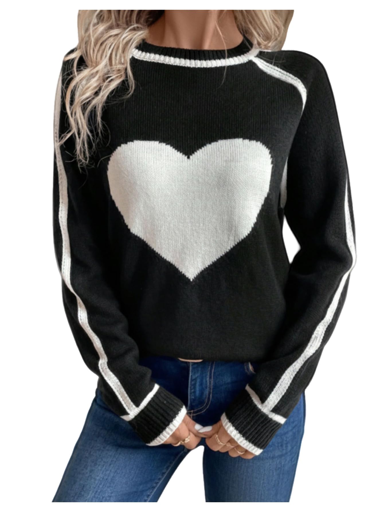Verdusa Womens Heart Print Raglan Sleeve Sweaters Crew Neck Color Block Fall Pullovers